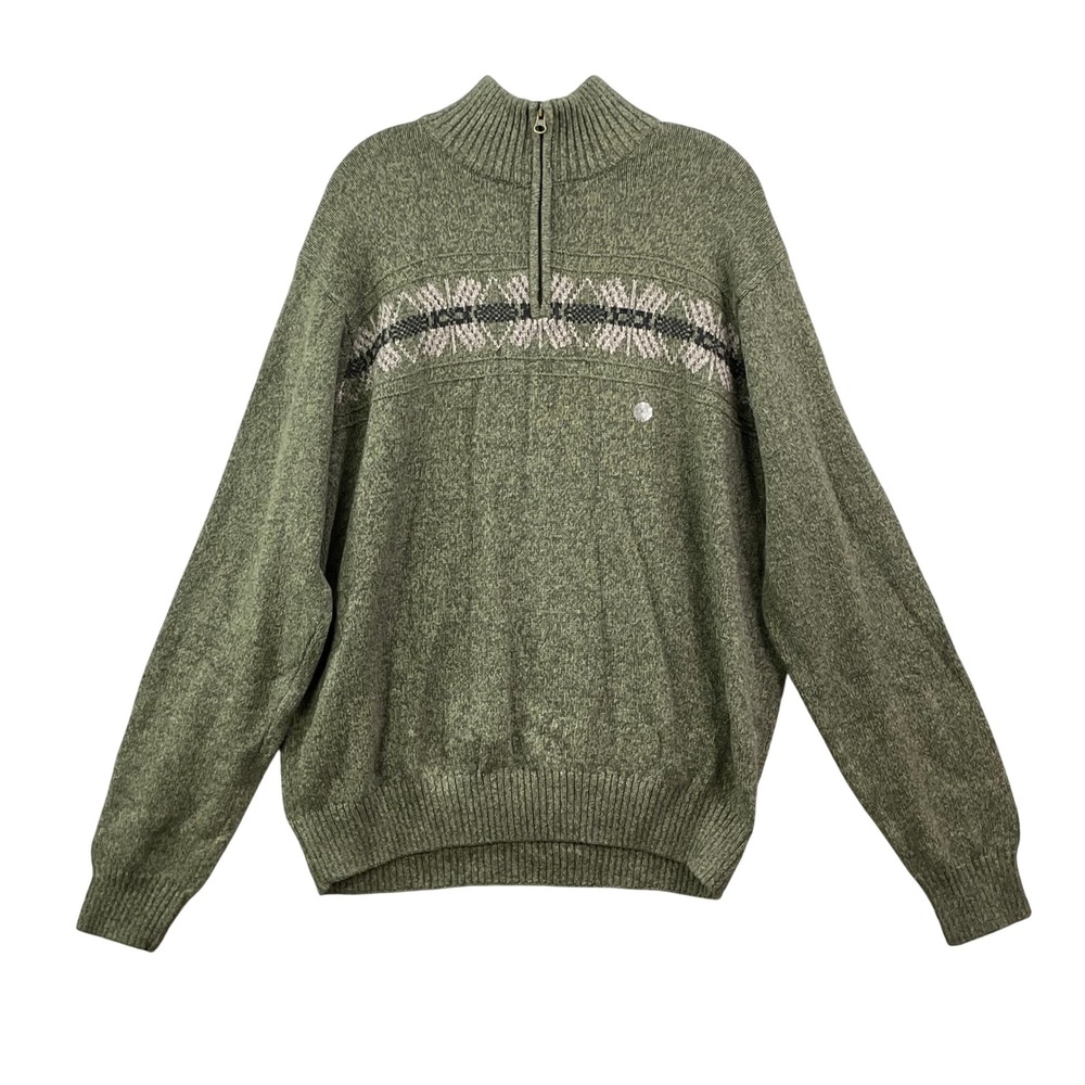 NorthCrest Quarter Zip Sweater Women XL Green Tea Marl Fair Isle Cotton Pullover